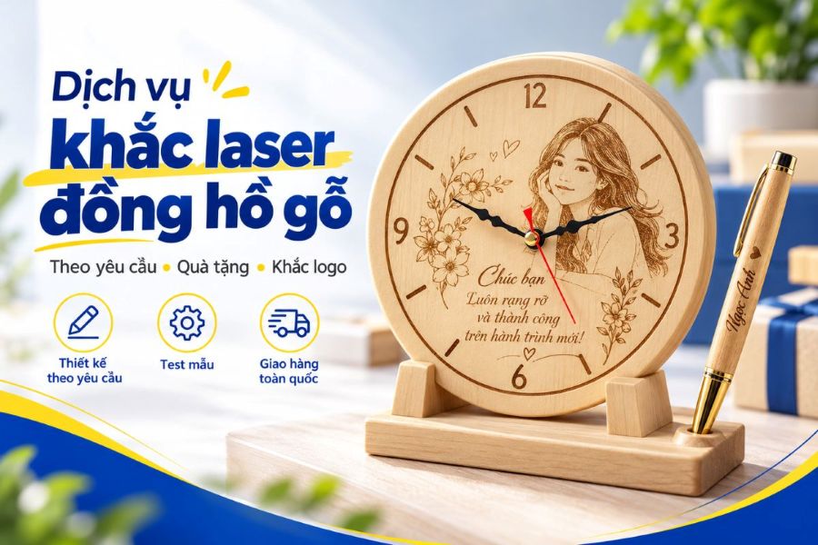 Xưởng gia công đồng hồ gỗ khắc laser theo yêu cầu uy tín giá xưởng - ingiacongquatang.com