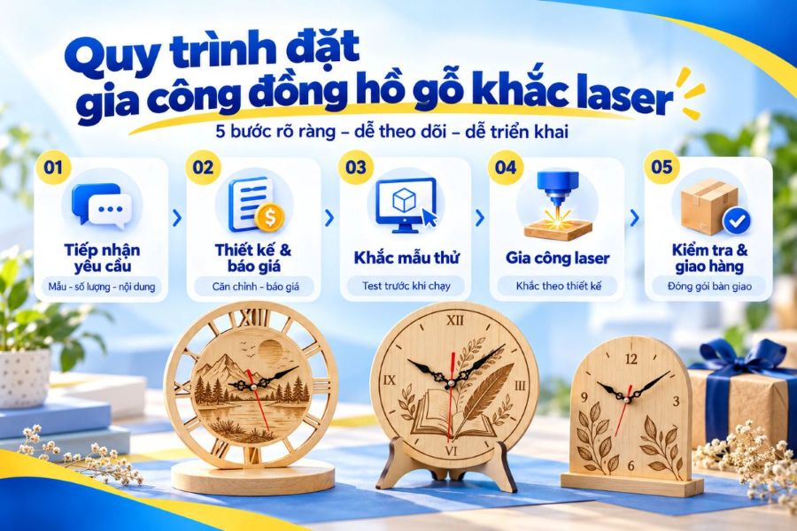 Xưởng gia công đồng hồ gỗ khắc laser theo yêu cầu uy tín giá xưởng - ingiacongquatang.com