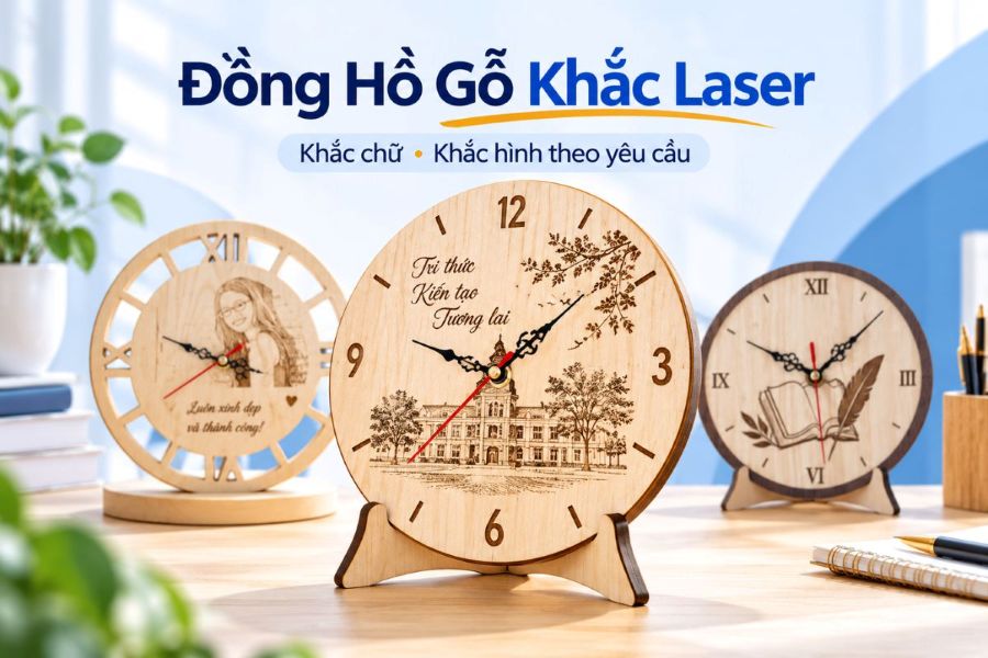 Xưởng gia công đồng hồ gỗ khắc laser theo yêu cầu uy tín giá xưởng