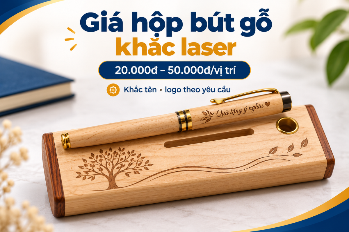 giá hộp bút gỗ khắc laser được tính theo chất liệu, kích thước, nội dung khắc và số lượng đặt hàng.
