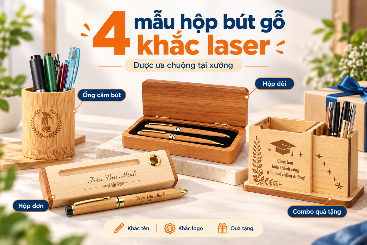 Có thể khắc laser tên người nhận, logo doanh nghiệp hoặc lời chúc lên bút và hộp để tạo sự đồng bộ.