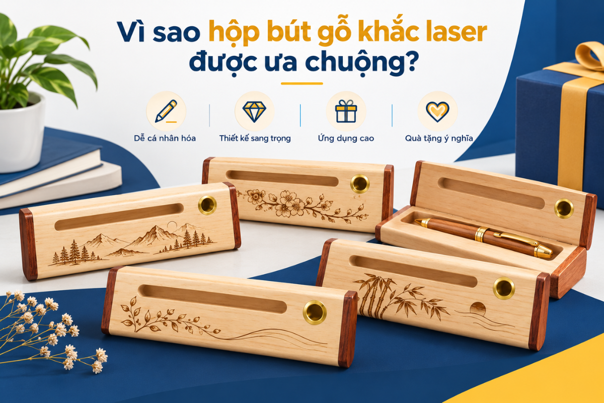 Hộp bút gỗ khắc laser kết hợp công năng sử dụng với khả năng cá nhân hóa tên, thông điệp hoặc logo làm quà tặng.