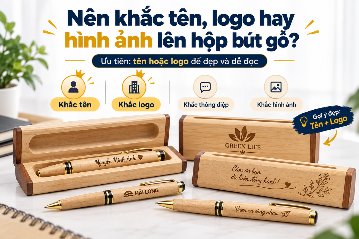 Gợi ý cách bố trí tên, logo và hình ảnh trên hộp bút gỗ để nội dung hài hòa, dễ nhận diện.