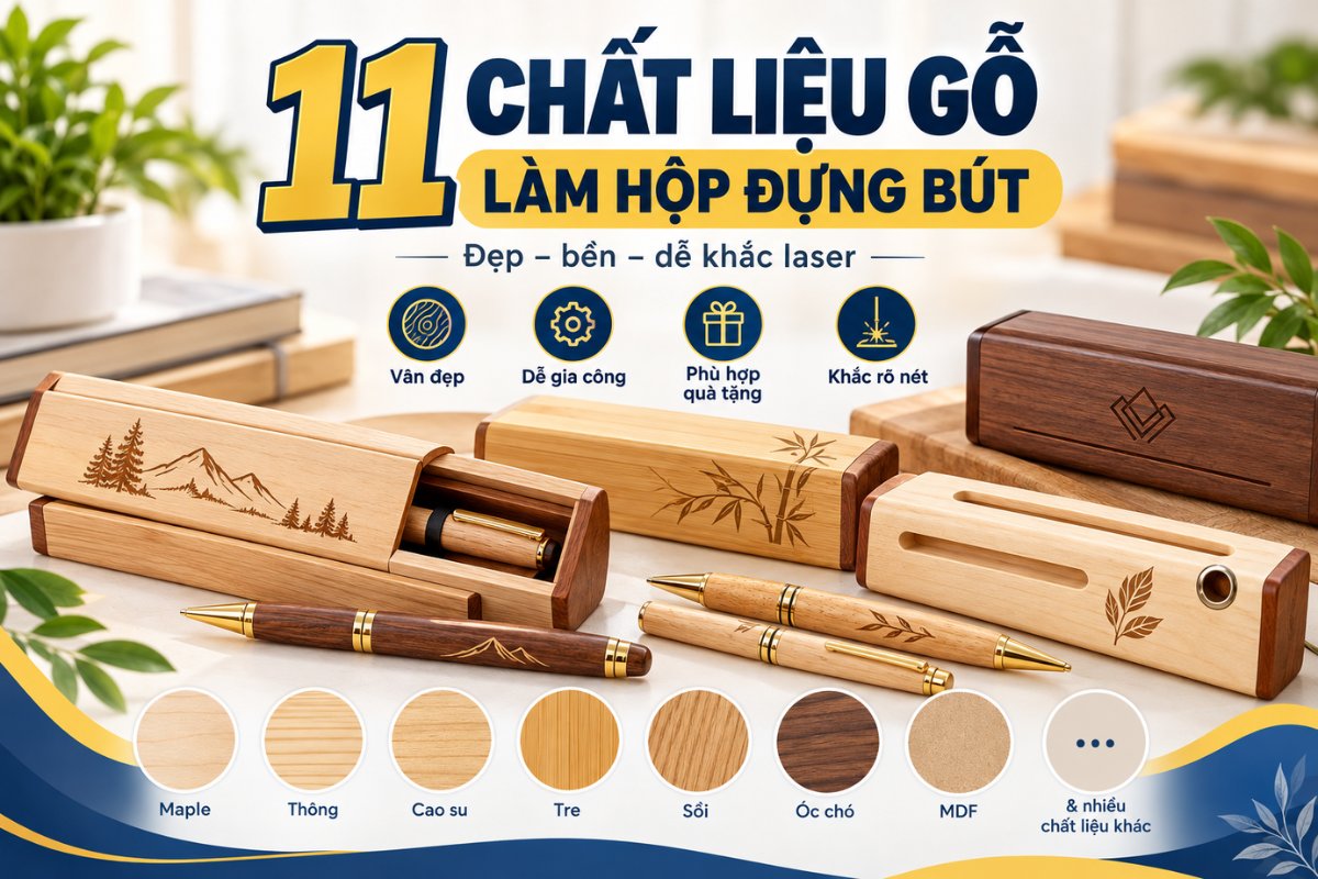 Các loại gỗ dùng làm hộp đựng bút với sự khác biệt về màu sắc, vân gỗ và đặc điểm bề mặt.