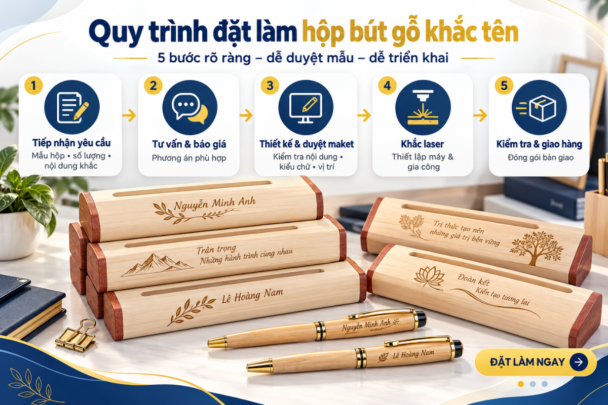 Quy trình đặt làm hộp bút gỗ khắc tên từ tiếp nhận yêu cầu, duyệt thiết kế đến gia công và hoàn thiện sản phẩm.