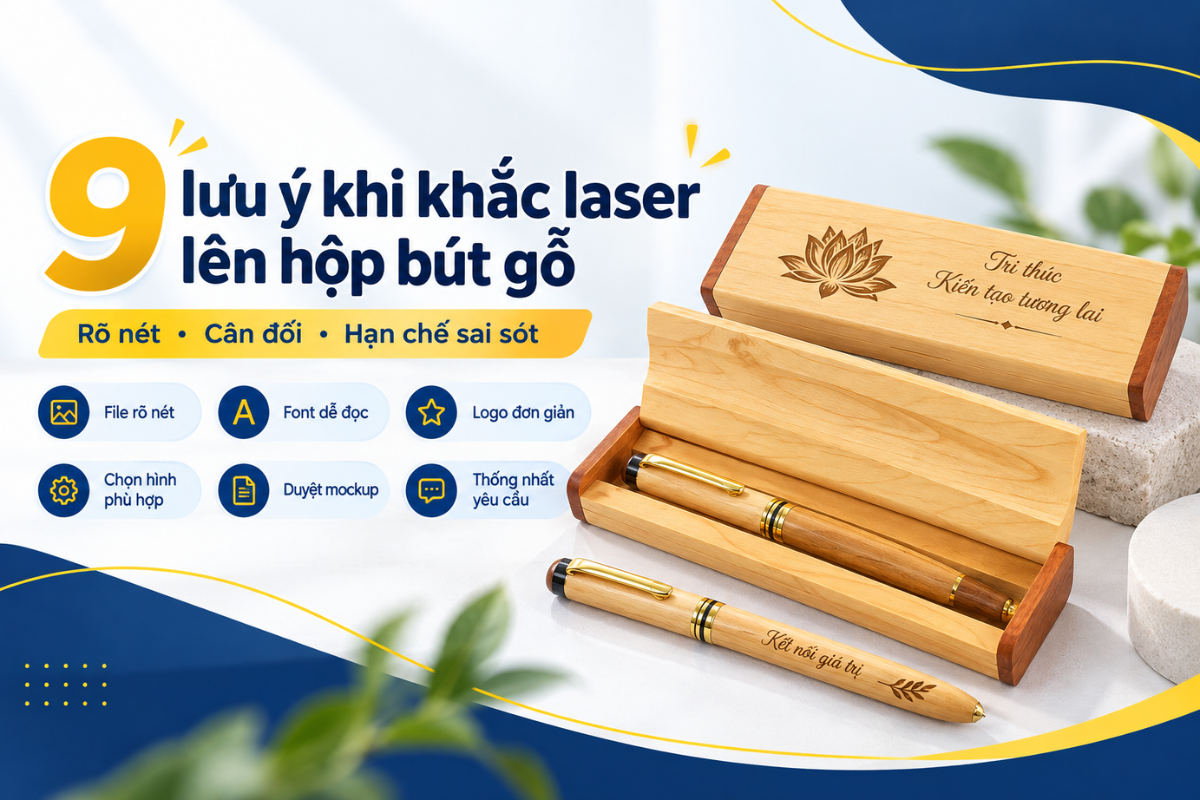 Kiểm tra nội dung, kích thước chữ, vị trí khắc và độ tương phản trước khi gia công hộp bút gỗ theo yêu cầu.