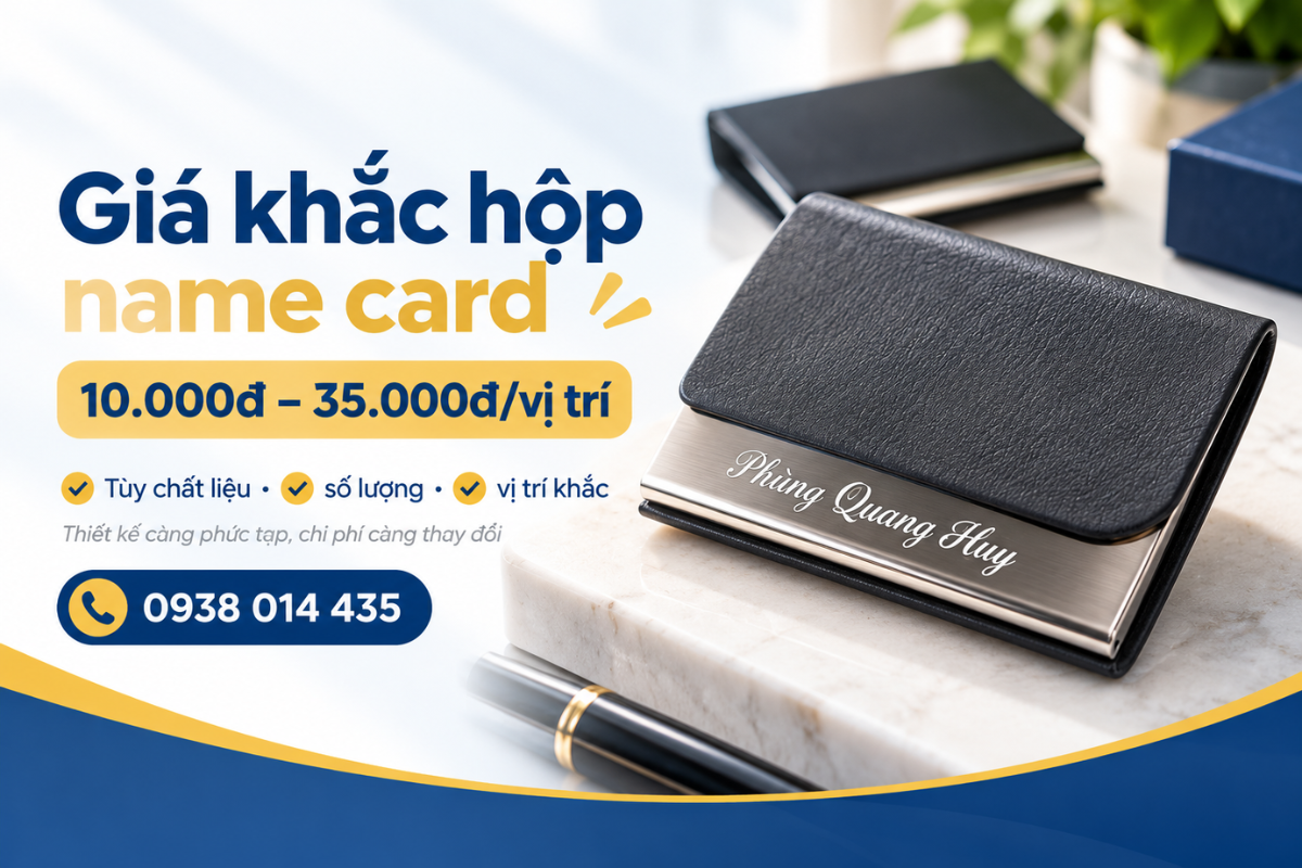 Tham khảo các yếu tố ảnh hưởng đến chi phí khắc hộp name card như chất liệu, số lượng và nội dung khắc.