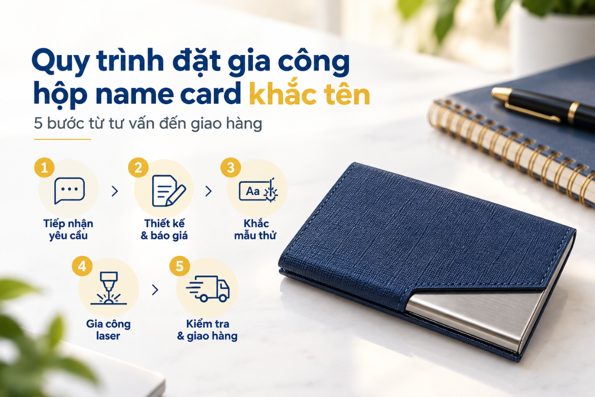 Các bước đặt gia công hộp name card khắc tên từ tiếp nhận yêu cầu, duyệt mẫu khắc đến gia công và kiểm tra thành phẩm.