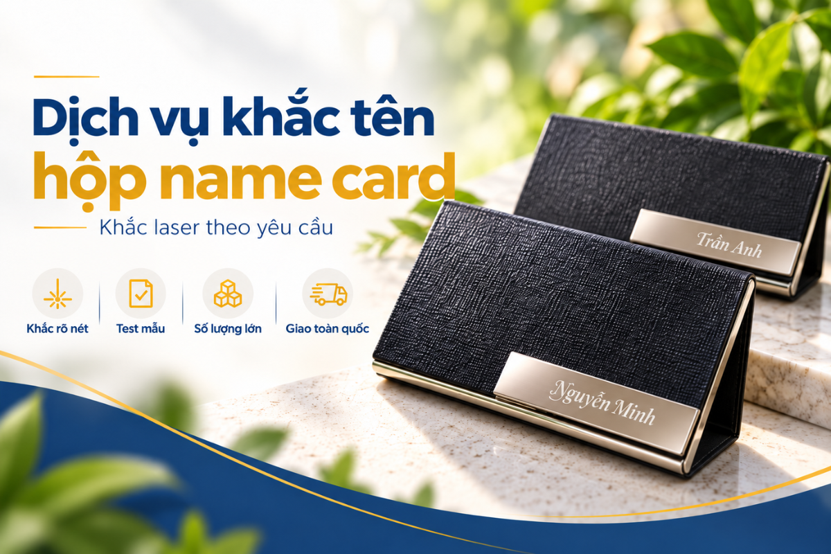 Tham khảo các yếu tố ảnh hưởng đến chi phí khắc hộp name card như chất liệu, số lượng và nội dung khắc.