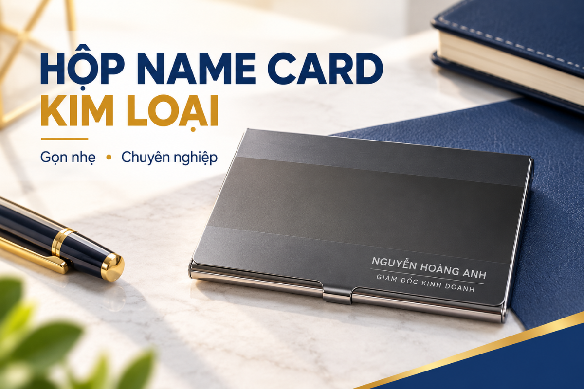 Hộp name card inox hoặc nhôm khắc tên, chữ viết tắt hay logo, mang phong cách hiện đại và chuyên nghiệp.