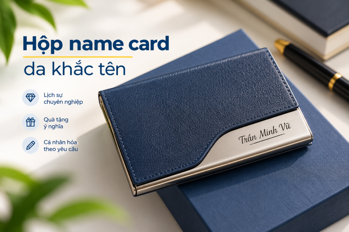 Hộp name card bọc da với tên hoặc logo ép chìm, ép nhũ, phù hợp với phong cách công sở lịch sự.