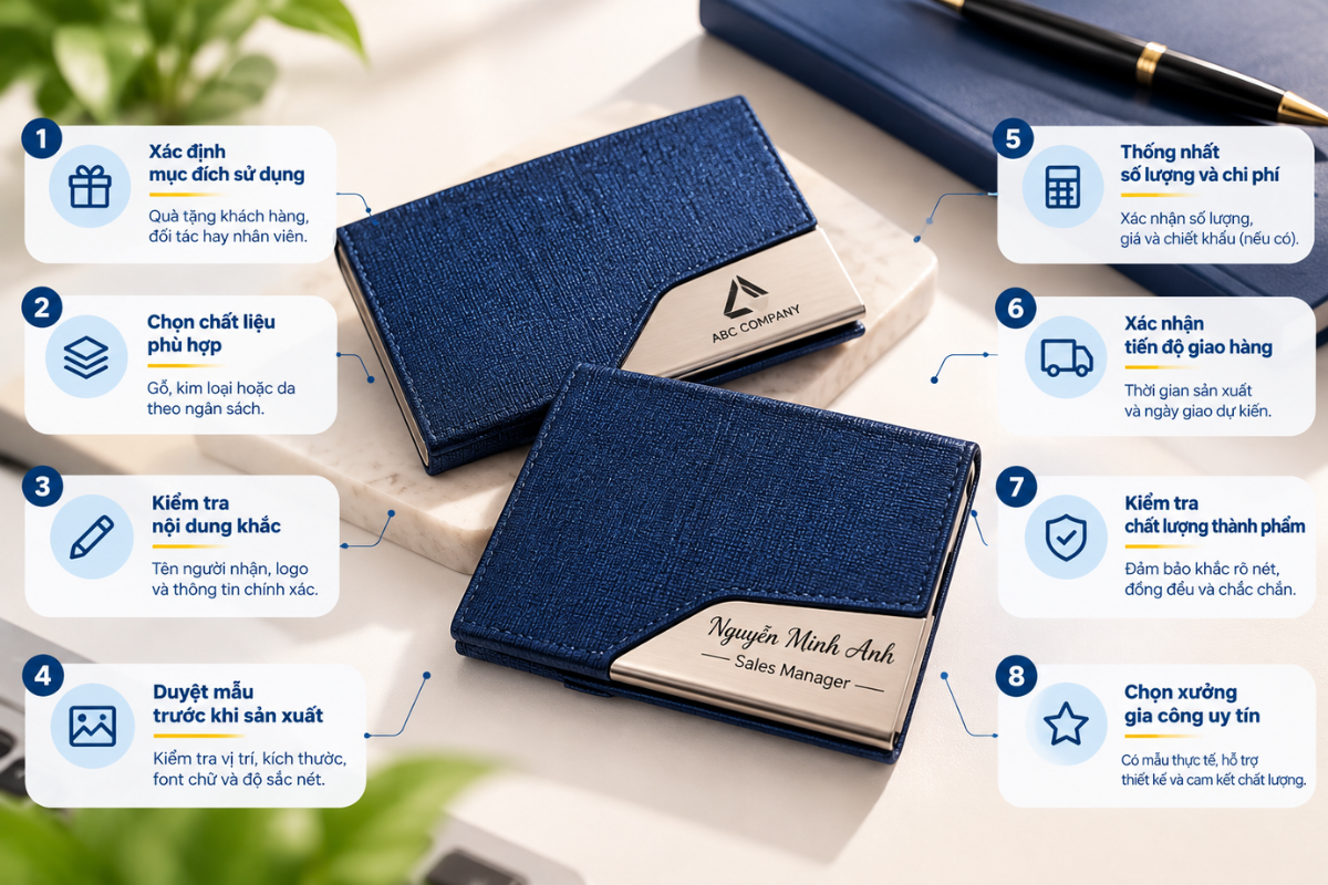 Những lưu ý về chất liệu, kích thước, vị trí khắc, thiết kế logo và kiểm tra mẫu giúp hạn chế sai sót khi đặt hộp name card làm quà tặng doanh nghiệp.