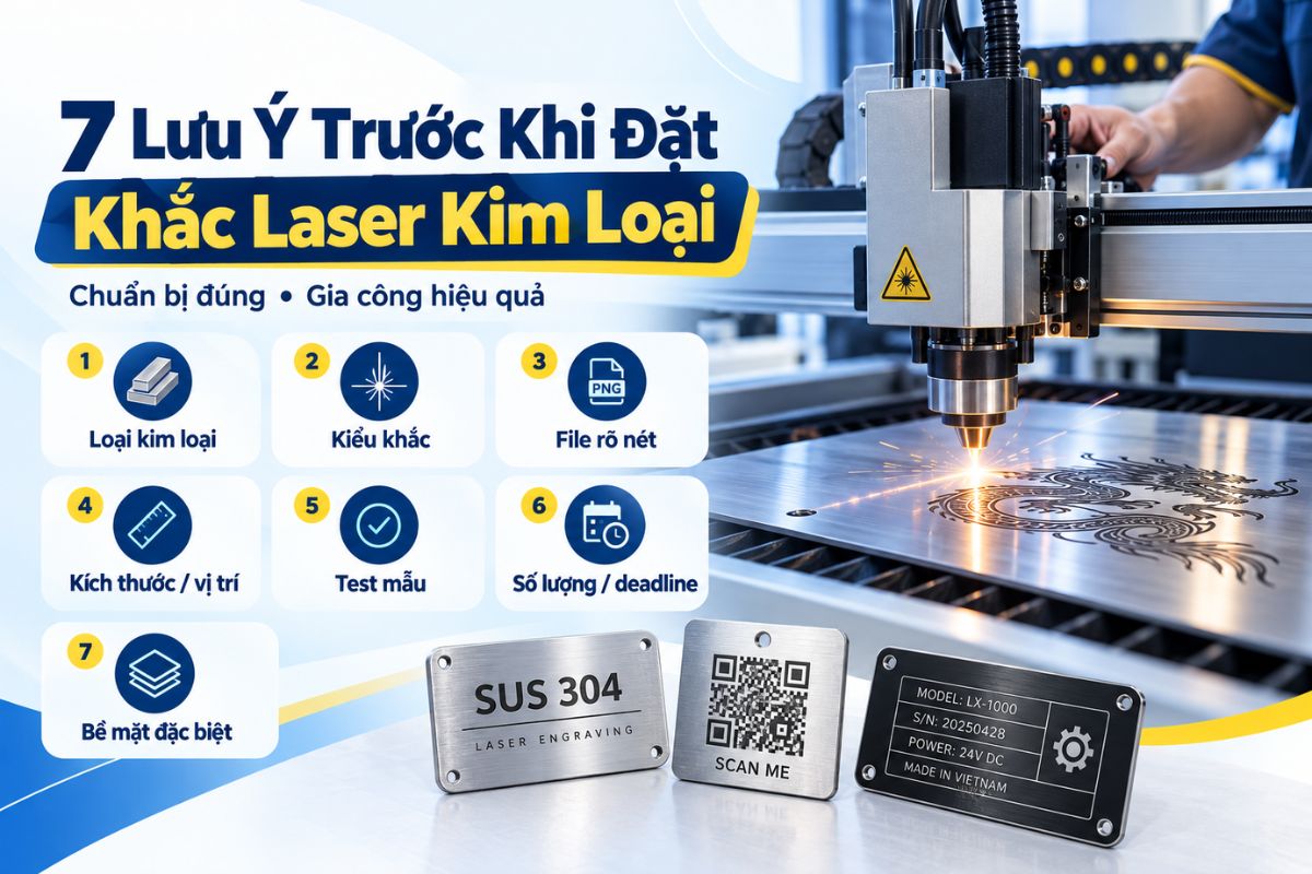 Cần xác định vật liệu, kiểu khắc, vị trí, kích thước, file thiết kế và test mẫu trước sản xuất Cần xác định vật liệu, kiểu khắc, vị trí, kích thước, file thiết kế và test mẫu trước sản xuất