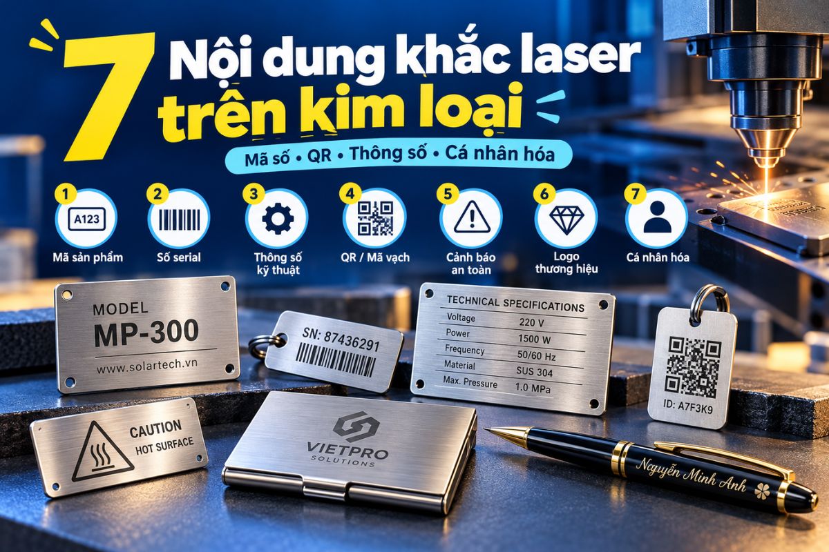 Có thể khắc lên kim loại mã sản phẩm, serial, QR Code, thông số, thương hiệu và nội dung riêng Có thể khắc lên kim loại mã sản phẩm, serial, QR Code, thông số, thương hiệu và nội dung riêng