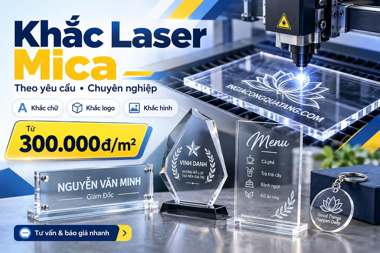 Khắc laser mica theo yêu cầu: Khắc chữ, khắc hình, khắc logo 300.000/m2