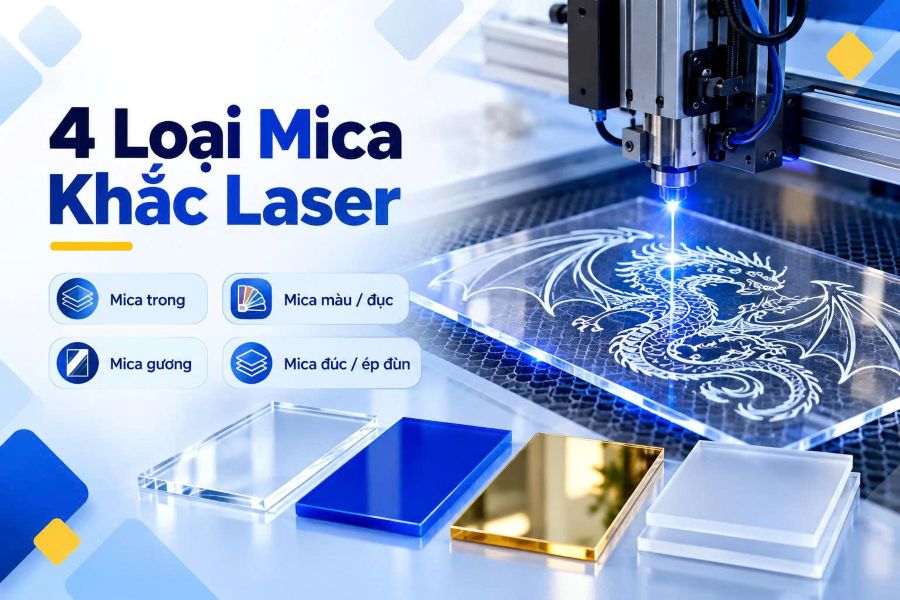 Mica trong, mica màu, mica gương và mica đúc đều có thể gia công laser với hiệu ứng khác nhau Mica trong, mica màu, mica gương và mica đúc đều có thể gia công laser với hiệu ứng khác nhau