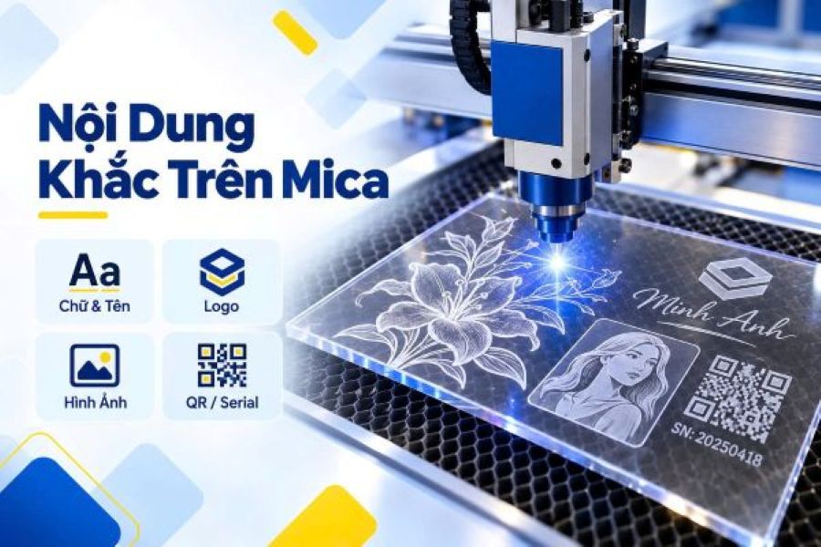 Laser có thể khắc chữ, logo, hình ảnh, QR Code, mã số và nhiều nội dung cá nhân hóa trên mica Laser có thể khắc chữ, logo, hình ảnh, QR Code, mã số và nhiều nội dung cá nhân hóa trên mica