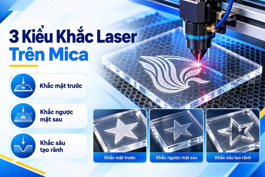 Khắc mặt trước, khắc ngược mặt sau và khắc sâu tạo các hiệu ứng khác nhau trên sản phẩm mica Khắc mặt trước, khắc ngược mặt sau và khắc sâu tạo các hiệu ứng khác nhau trên sản phẩm mica