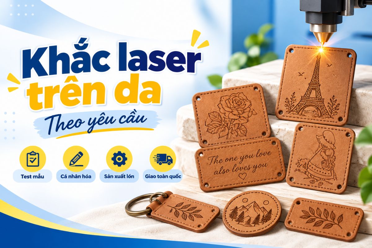 Xưởng trực tiếp khắc logo, tên và nội dung cá nhân hóa trên nhiều sản phẩm da theo yêu cầu