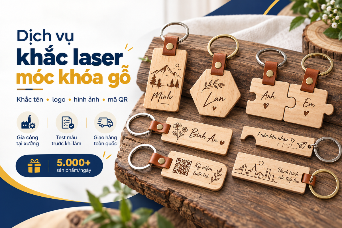 Dịch vụ khắc laser móc khóa gỗ theo yêu cầu tại Xưởng in gia công, hỗ trợ cá nhân hóa tên riêng, hình ảnh và logo doanh nghiệp.