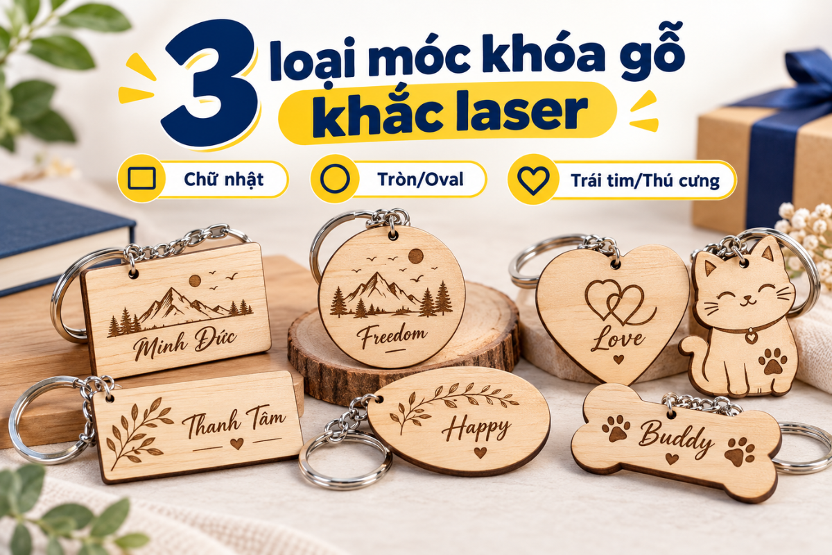 Các mẫu móc khóa bằng gỗ khắc tên theo yêu cầu với đa dạng hình dáng, phù hợp làm quà tặng cá nhân và doanh nghiệp.