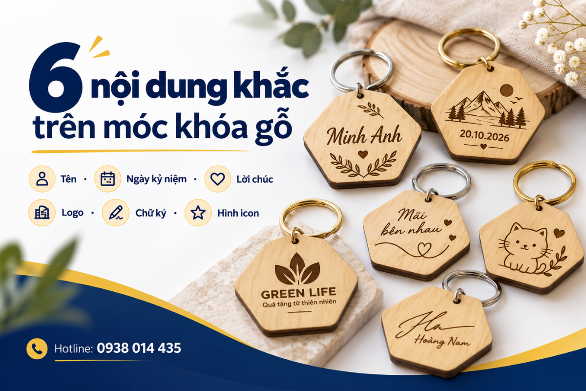 Gợi ý nội dung khắc lên móc khóa gỗ gồm tên riêng, ngày kỷ niệm, thông điệp, hình minh họa và logo thương hiệu.