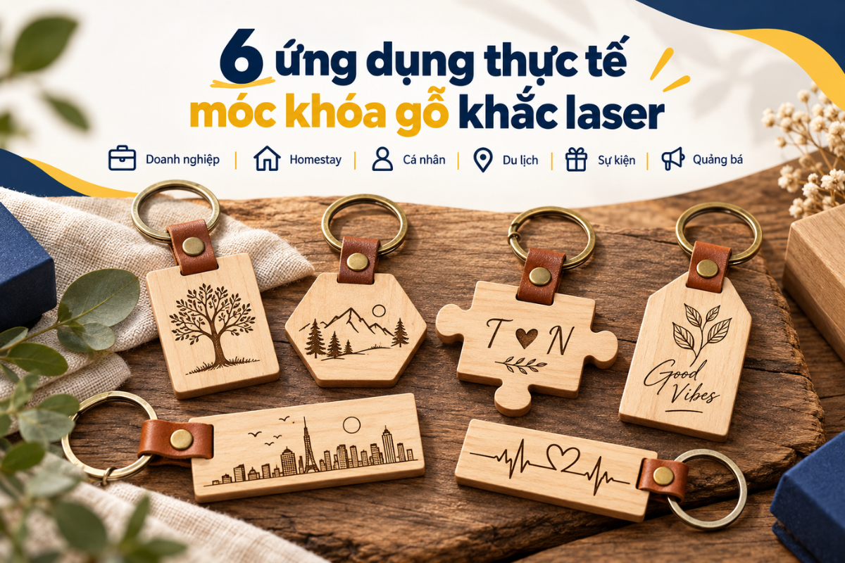Móc khóa gỗ khắc tên và logo được ứng dụng làm quà tặng doanh nghiệp, quà lưu niệm, quà sự kiện và vật phẩm quảng bá thương hiệu.