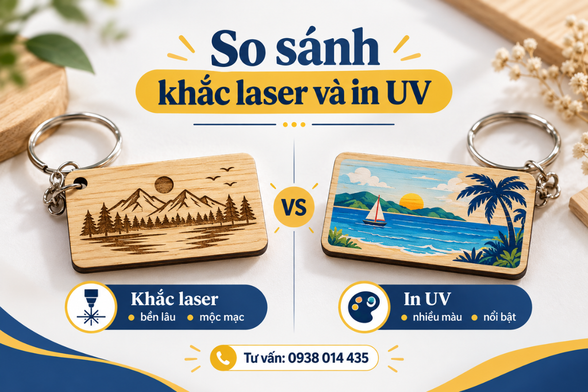 So sánh khắc laser và in uv lên móc khóa gỗ để lựa chọn cách thể hiện tên, hình ảnh hoặc logo phù hợp.