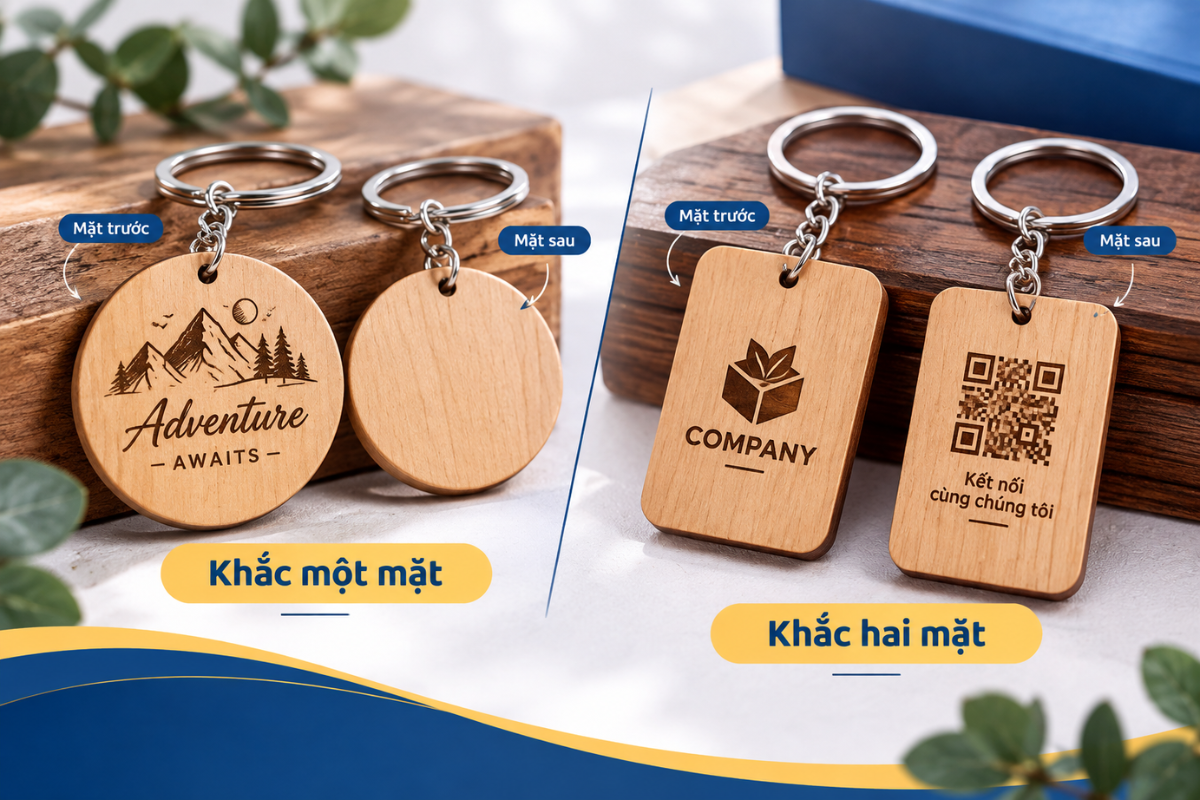 Khắc tên lên gỗ làm móc khóa một mặt hoặc hai mặt tùy theo lượng thông tin cần thể hiện và ngân sách đặt gia công.