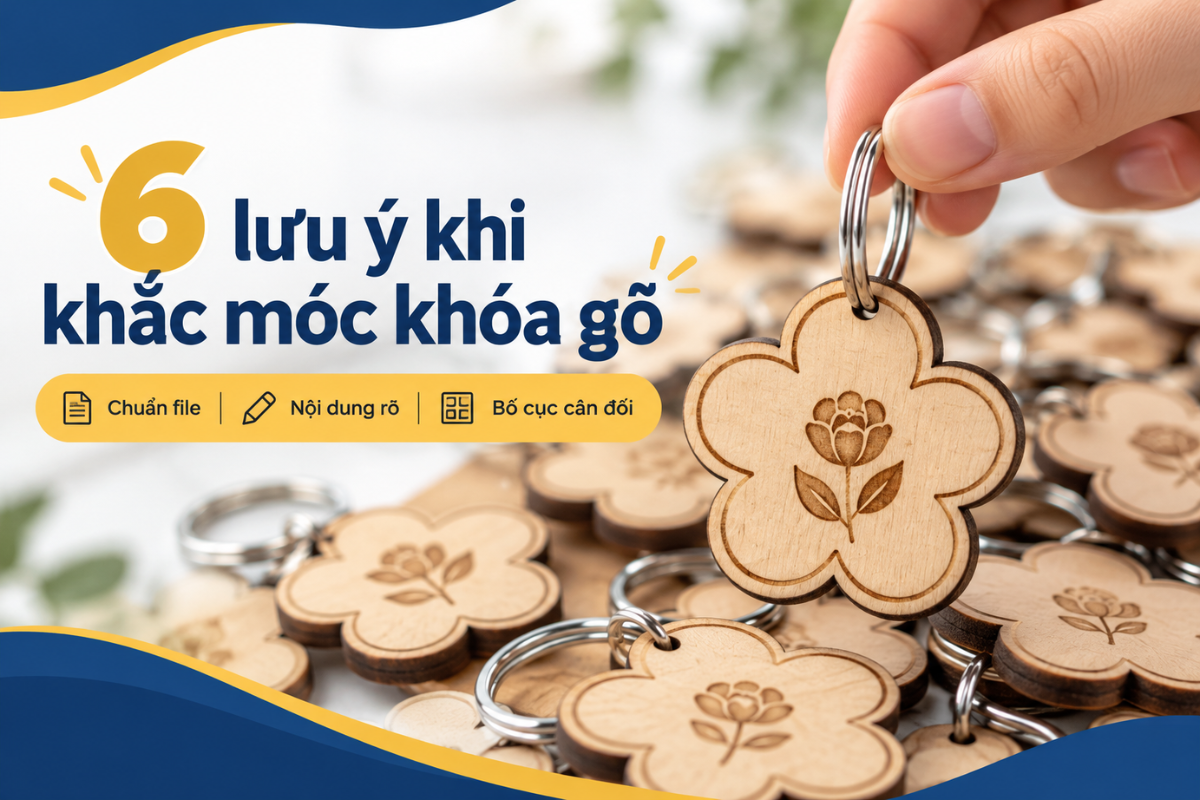 Quy trình đặt móc khóa khắc tên theo yêu cầu tại xưởng, từ chọn mẫu gỗ, duyệt nội dung khắc đến gia công và kiểm tra thành phẩm.