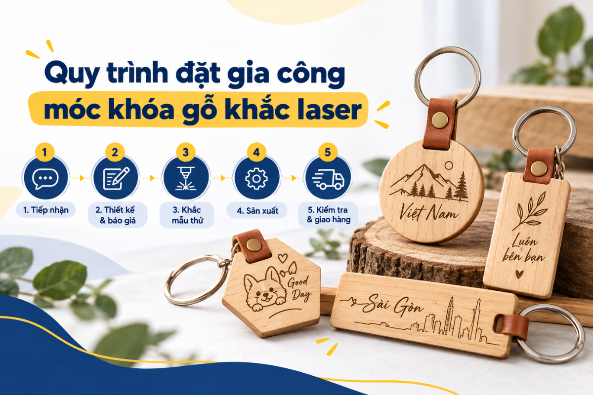 Quy trình đặt móc khóa khắc tên theo yêu cầu tại xưởng, từ chọn mẫu gỗ, duyệt nội dung khắc đến gia công và kiểm tra thành phẩm.